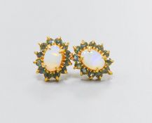 A pair of yellow metal, opal and sapphire oval cluster set ear studs(no butterflies), 10mm, gross