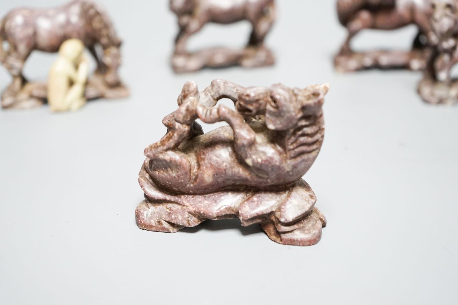 Six Chinese soapstone models of horses and a similar monkey, early 20th century - Image 4 of 6