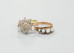 A yellow metal (stamped 9) and graduated five stone white opal set half hoop ring, size M, gross 1.2