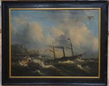 Marine School (19th century), oil on canvas, Dutch paddle steamer and sailing boat in rough seas off