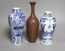 Two Chinese blue and white baluster vases, late 19th century and a Chinese sang de boeuf glazed