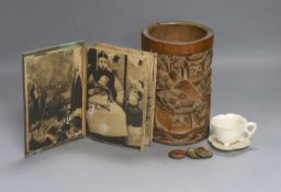 Assortment of Chinese items, bamboo brush pot, coins and photos etc.