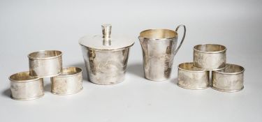 A Chinese sterling pot and cover by Kingsburg, Hong Kong, 9.4cm, a similar cream jug and six