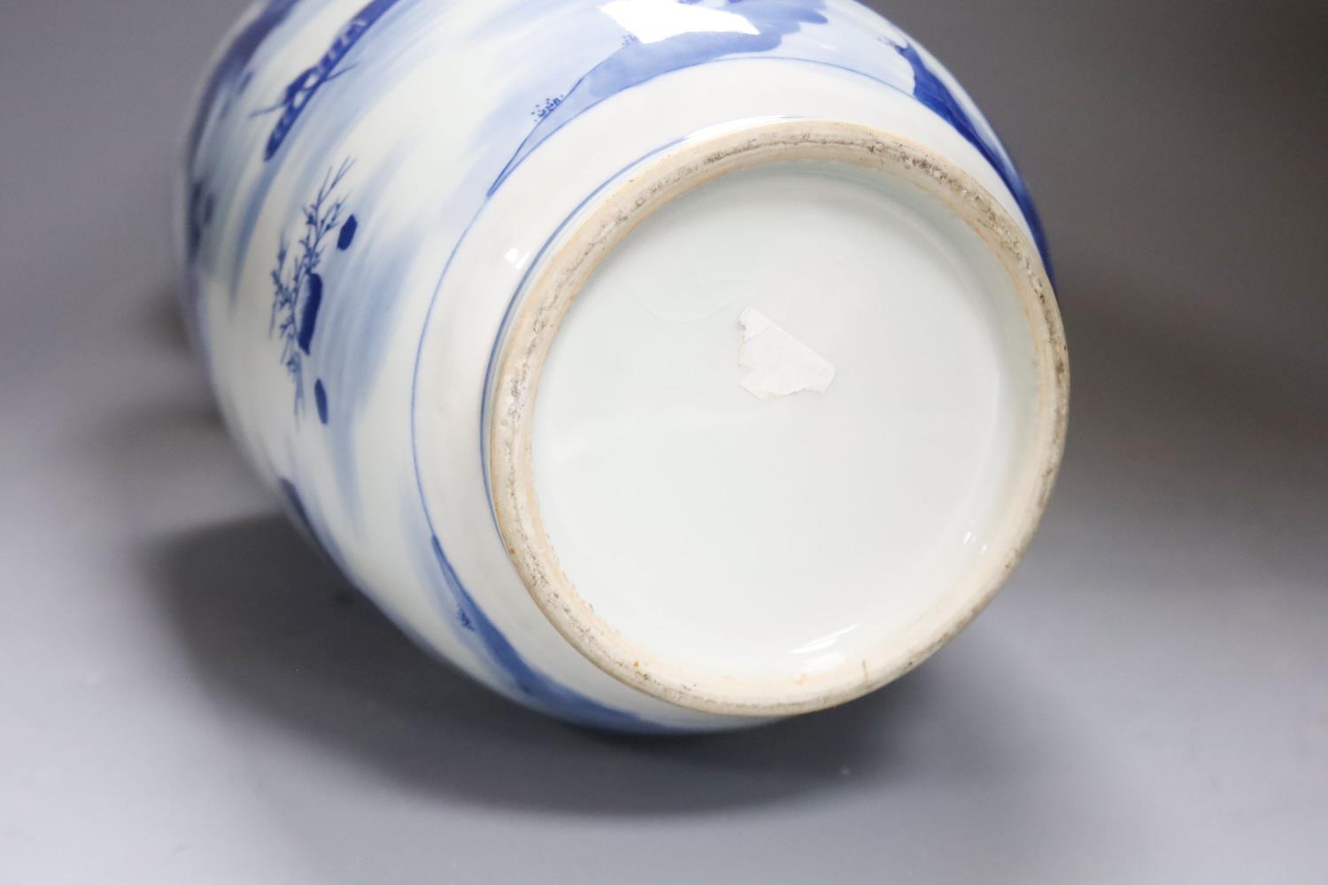 A Chinese blue and white rouleau vase and two jars, 19th century and later, 38cm - Image 4 of 4