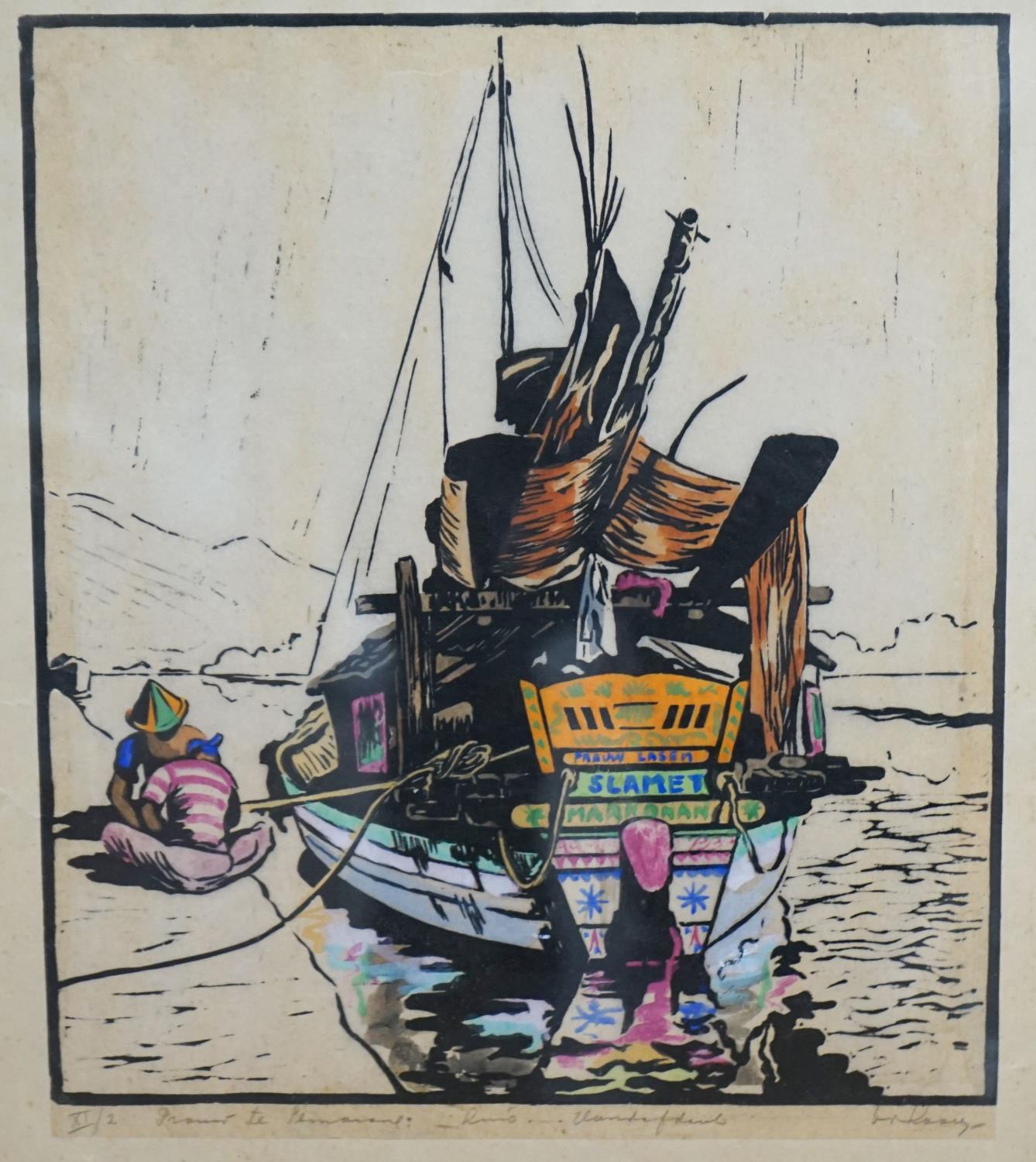 A coloured woodcut of a Bavarian fishing boat, signed in pencil and numbered XI/2, 36 x 31cm, a