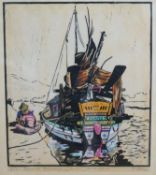 A coloured woodcut of a Bavarian fishing boat, signed in pencil and numbered XI/2, 36 x 31cm, a