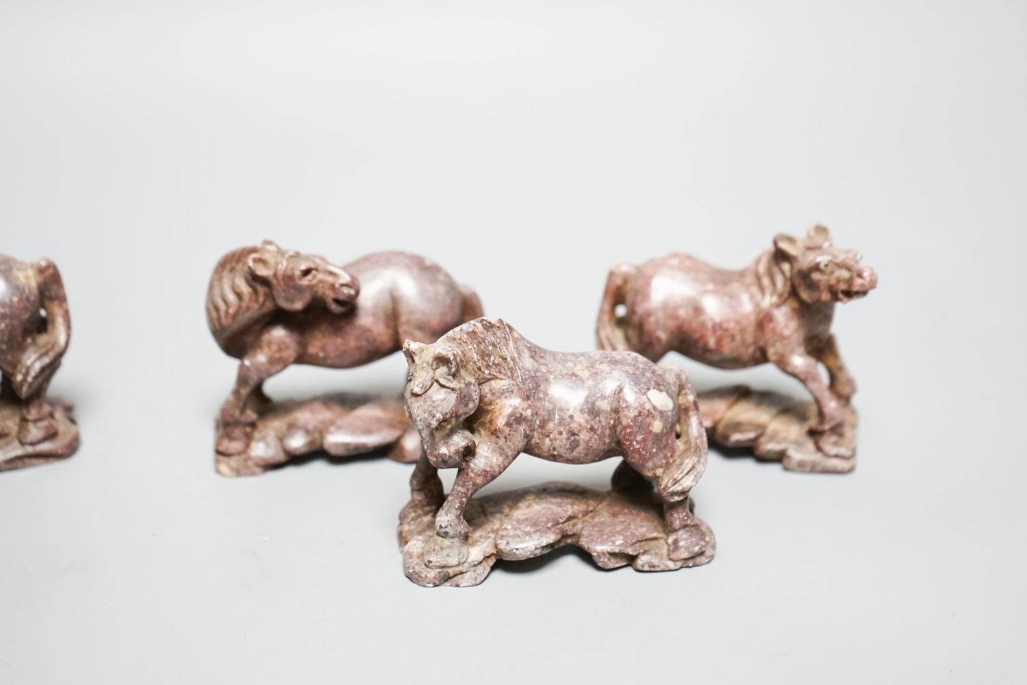 Six Chinese soapstone models of horses and a similar monkey, early 20th century - Image 5 of 6