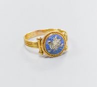 A 19th century Italian? yellow metal and micro mosaic ring, decorated with a dove, size M, gross