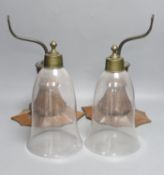 A pair of early 20th century decorative carved oand brass wall lights with glass storm shades,