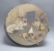 A painted tambourine, inscribed 'Fractions!’, the vellum decorated in oils with a group of small