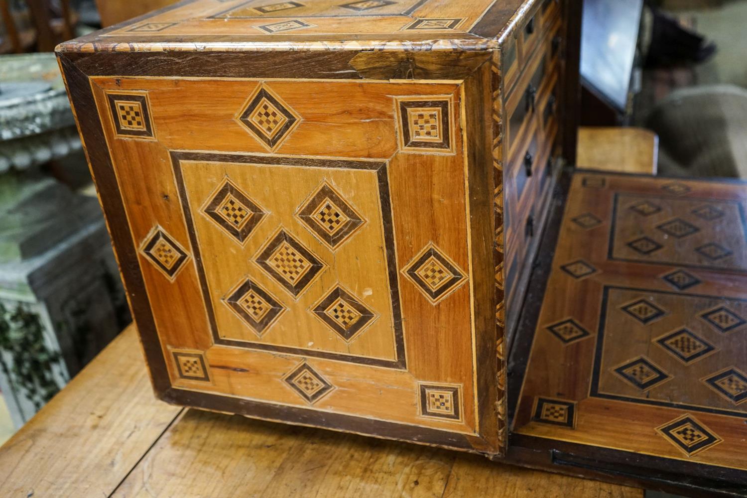 A 19th century Damascan parquetry inlaid fall front chest with two drawer interior, width 75cm, - Image 3 of 5