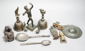A small quantity of decorative metalware, including two bronze table bells, a bronze faun, 17cm,