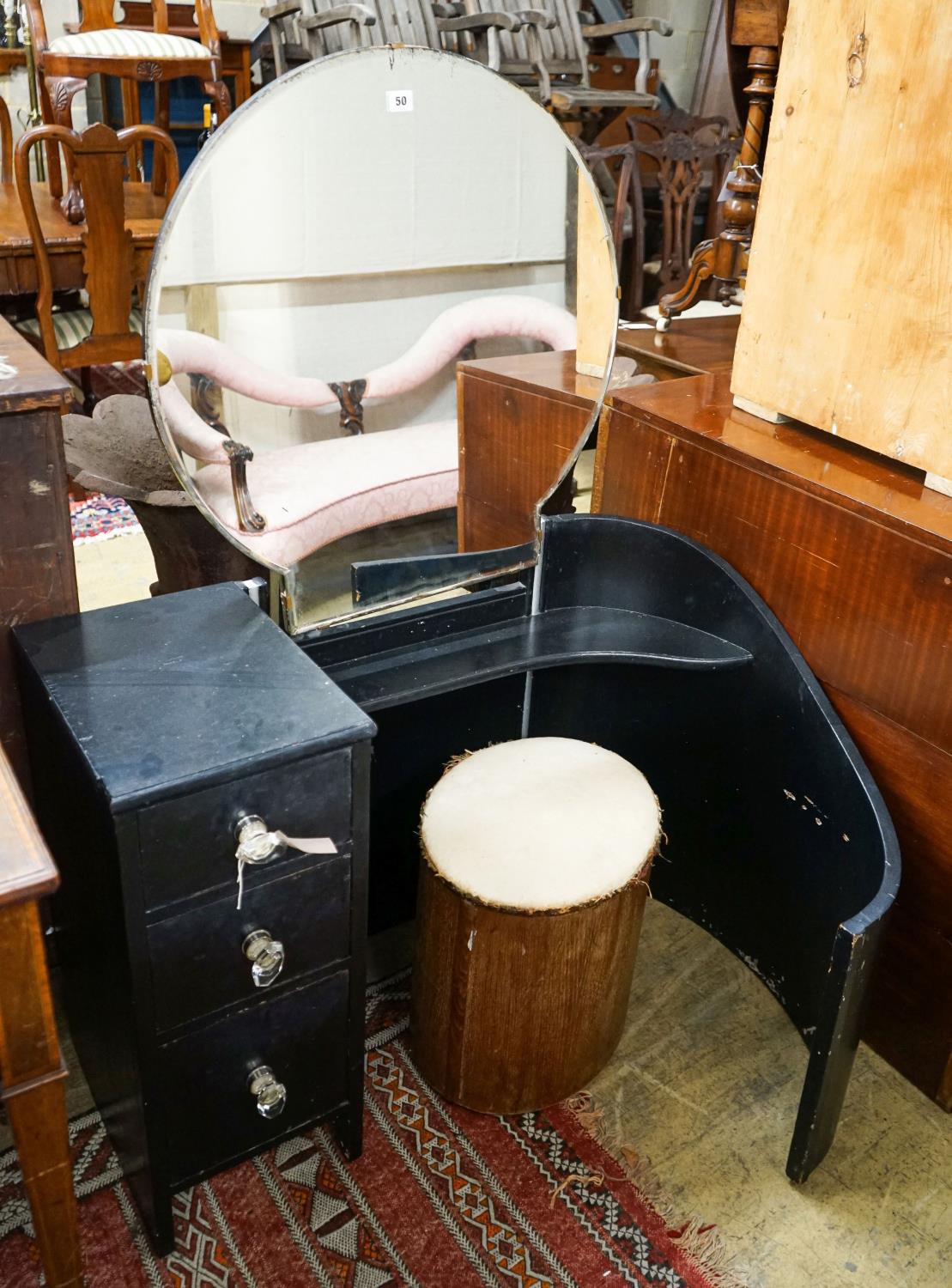 An Art Deco style painted dressing table, length 100cm, depth 70cm, height 130cm and oval stool,