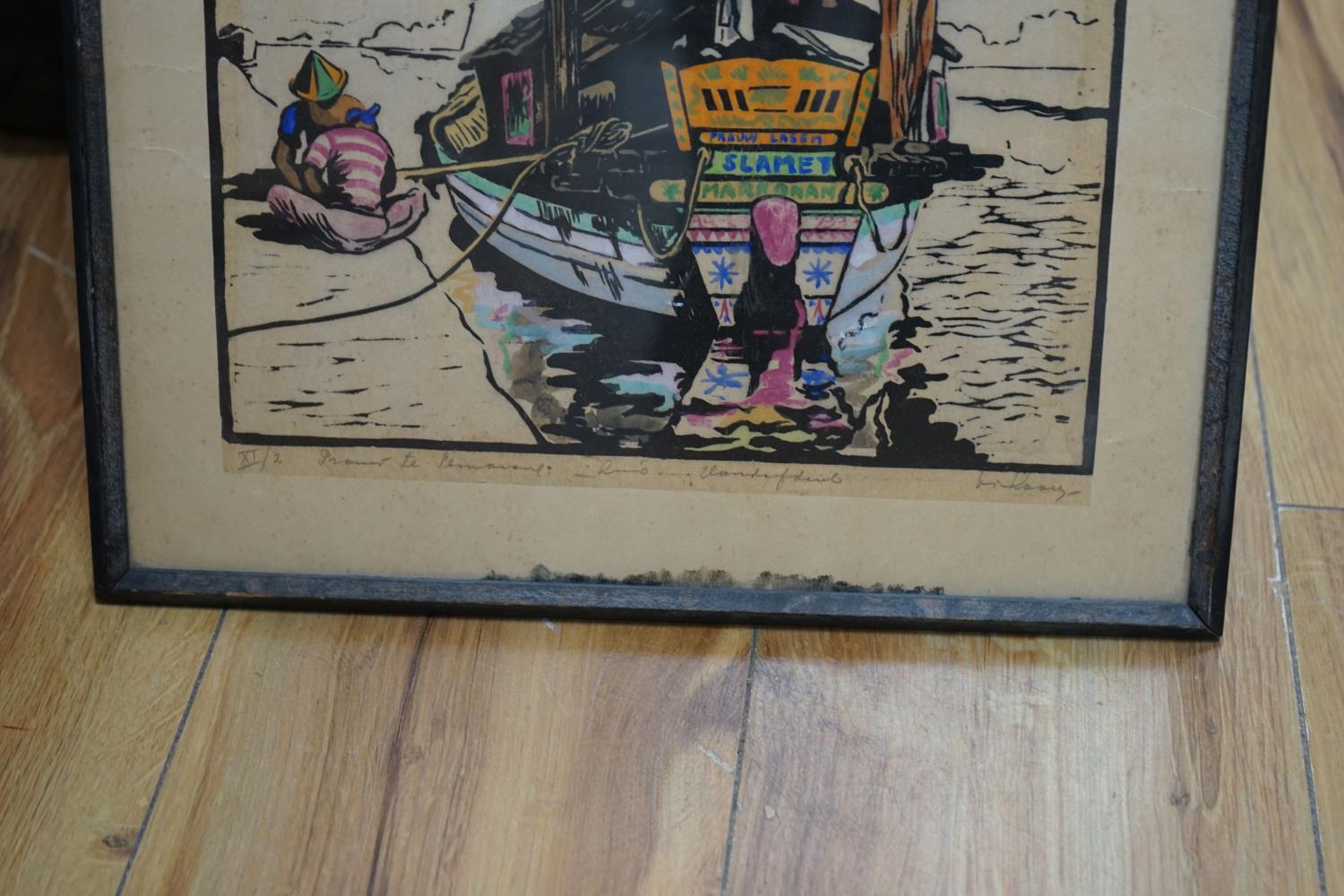 A coloured woodcut of a Bavarian fishing boat, signed in pencil and numbered XI/2, 36 x 31cm, a - Image 3 of 4