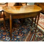 A George III banded mahogany D shaped folding card table, width 91cm, depth 45cm, height 72cm