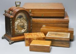 A Victorian rosewood writing box, a Georgian style mantel clock by John Thomas, London and sundry