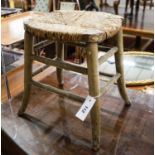 A Regency provincial rush seat simulated bamboo stool, width 34cm, depth 28cm, height 35cm