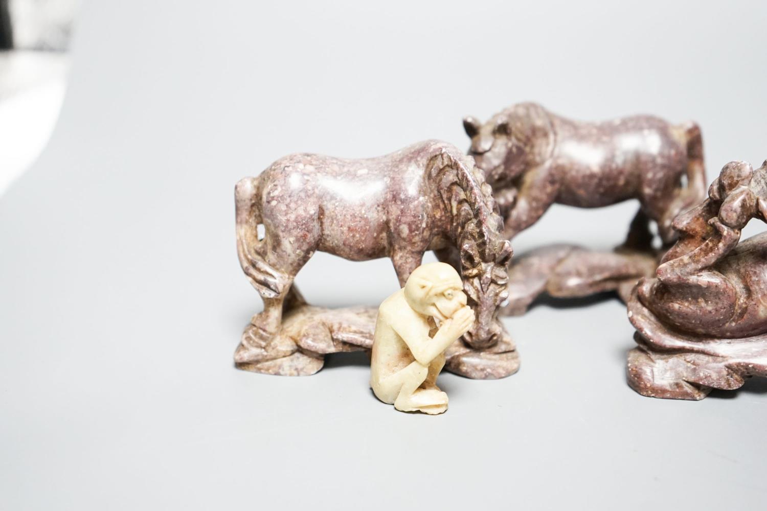 Six Chinese soapstone models of horses and a similar monkey, early 20th century - Image 2 of 6