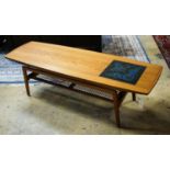 Arne Hovmand Olsen for Mogens Kold. A rectangular tiled top teak coffee table with caned