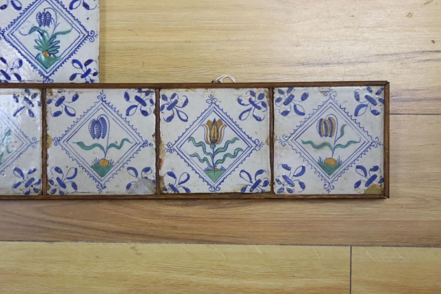 Seven 17th century Dutch Delft tiles, polychrome-decorated with tulips and having fleur-de-lys - Image 4 of 4