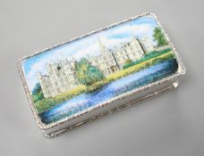 A modern Garrard & Co silver and enamel snuff box, decorated with manor house scene, Birmingham,