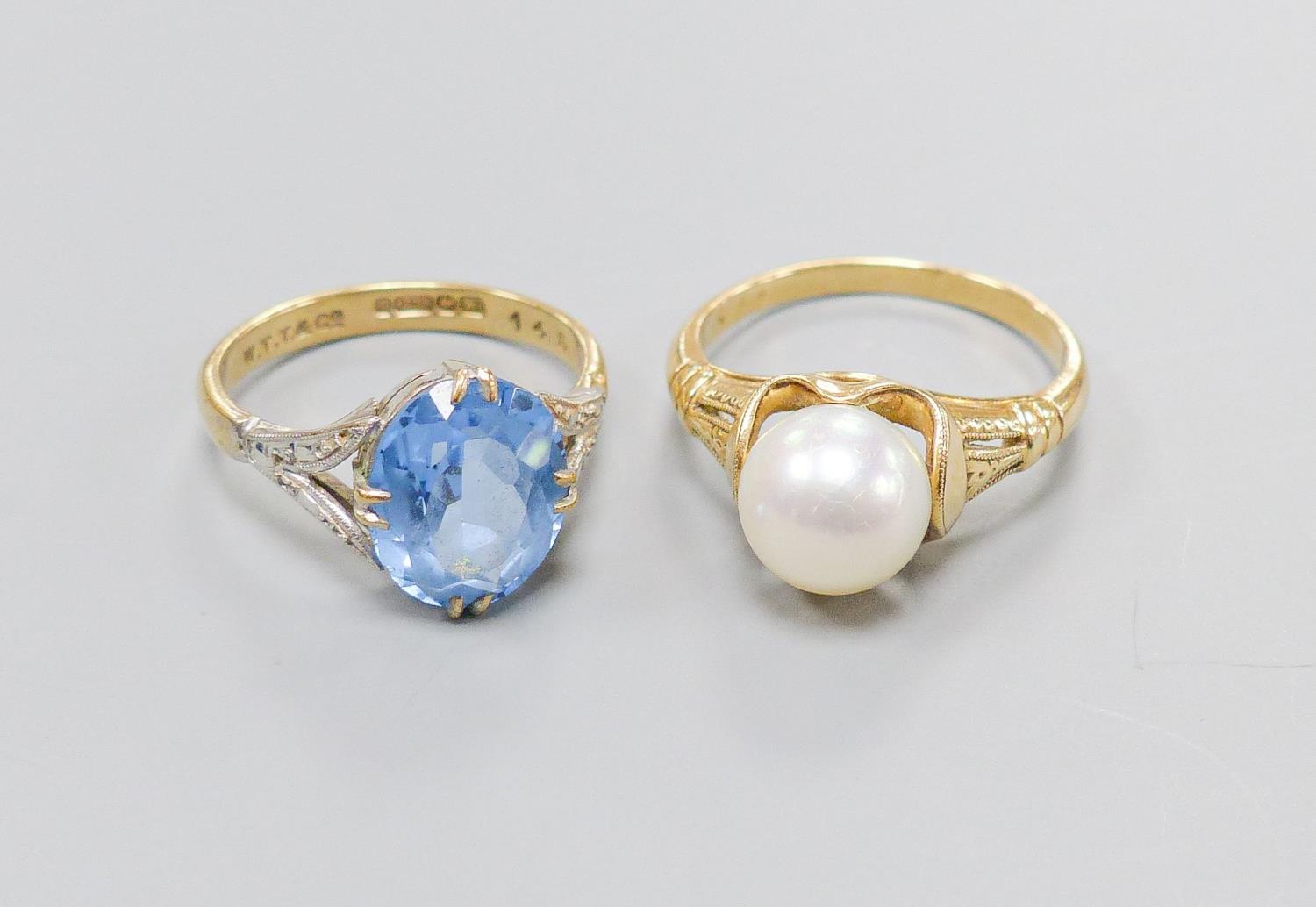 A 14K ring set with a cultured pearl in a fancy mount, size O, gross 4 grams and a 9ct gold dress