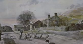 Alan Ingham, colour print, Shepherd and flock on a lane, 40 x 74cm