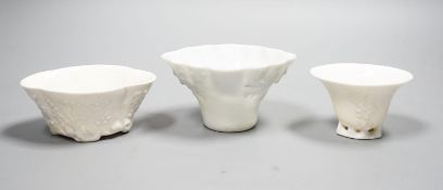 Three Chinese blanc-de-chine libation cups, Kangxi and later, 5.5cm