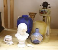 Mixed ceramics, overlaid glass vase and a Victorian oil lamp