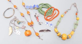 Assorted mainly costume jewellery including agate bead necklace and simulated amber necklace.