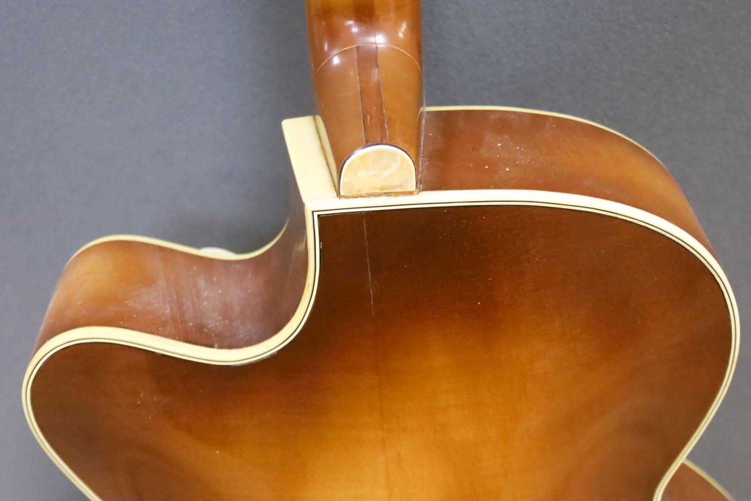 A Hofner acoustic f-hole guitar, circa 1950, having mother of pearl and tortoiseshell inlay to - Image 7 of 7