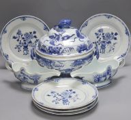 An 18th century Chinese Export blue and white octagonal tureen and cover, decorated with birds and