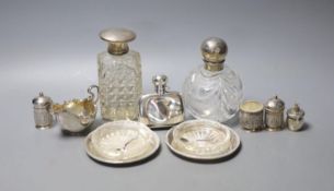 Mixed small silver including pair of silver dishes with glass liners, a silver hip flask, silver