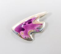 A Henning Koppel for Georg Jensen sterling and two colour mauve enamel stylised fish brooch, no.