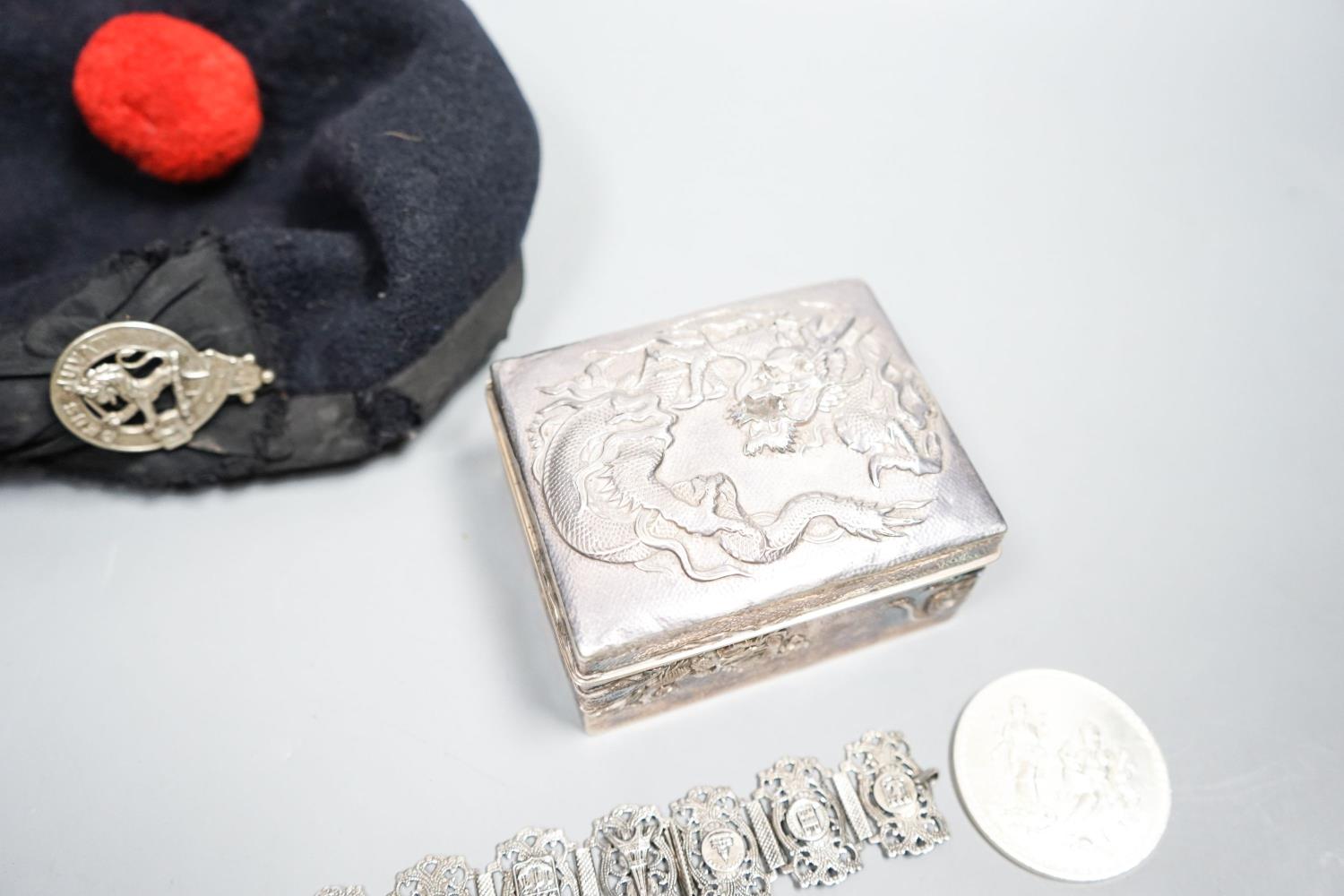 A Japanese silver box, bracelet, medal and military cap - Image 2 of 7