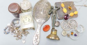 A George V silver cased carriage timepiece, London, 1926, 9cm and other assorted collectables