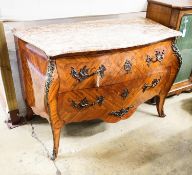 A Louis XV Design marquetry inlaid Kingwood marble top bombe commode, width 120m, depth 64cm, height