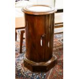 A Victorian mahogany marble top cylindrical bedside cupboard, diameter 38cm, height 73cm