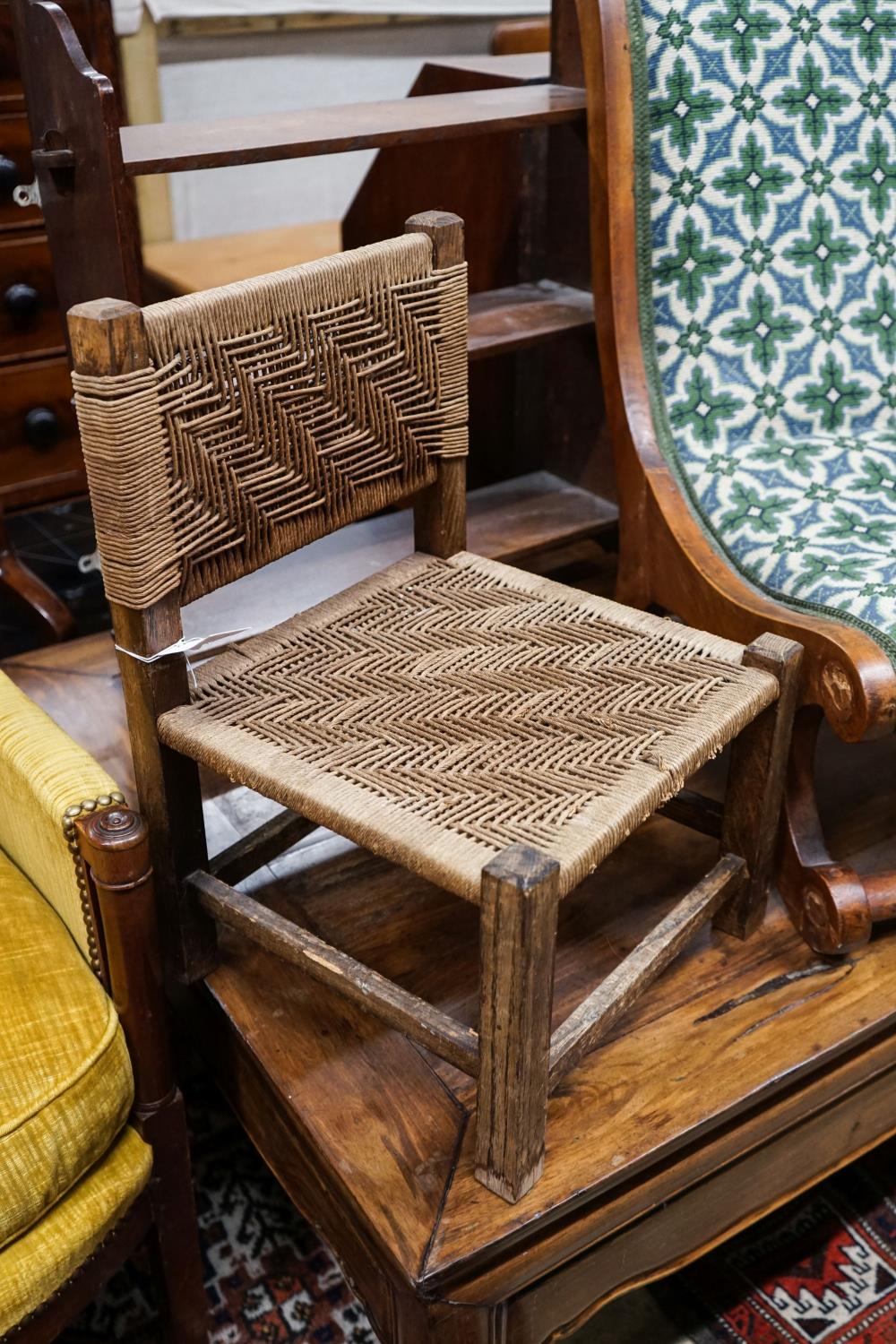 A late Victorian oak wall bracket, caned stool and chair - Image 3 of 6