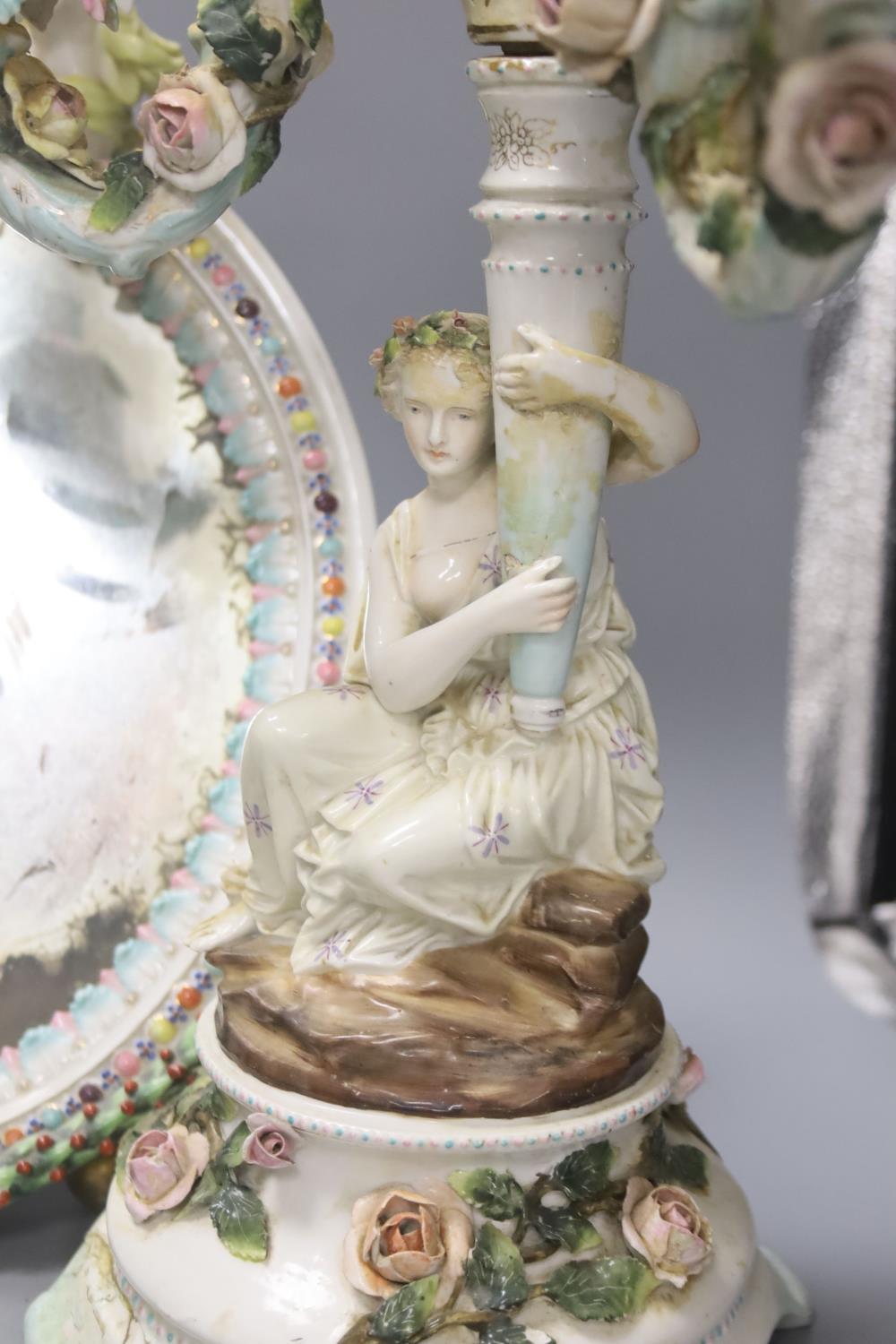 A pair of 19th century German porcelain three branch candelabra (a.f.) and an oval porcelain - Image 2 of 4