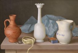 Gerald Norden (1912-2000), oil on board, Still life of two jugs, a vase, coins, string, paper and