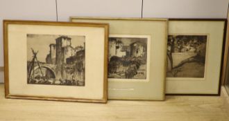 Frank Brangwyn (1867-1956), three etchings, Spanish Bridge, Tour de Faure, and Bridge viewed from
