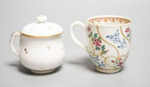 A Worcester James Giles decorated coffee cup c.1770 and a Bristol custard cup and cover c.1770, 7cm