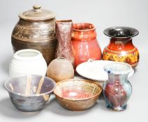 A group of studio pottery including a jar and cover, probably Norah Braden, 25 cm