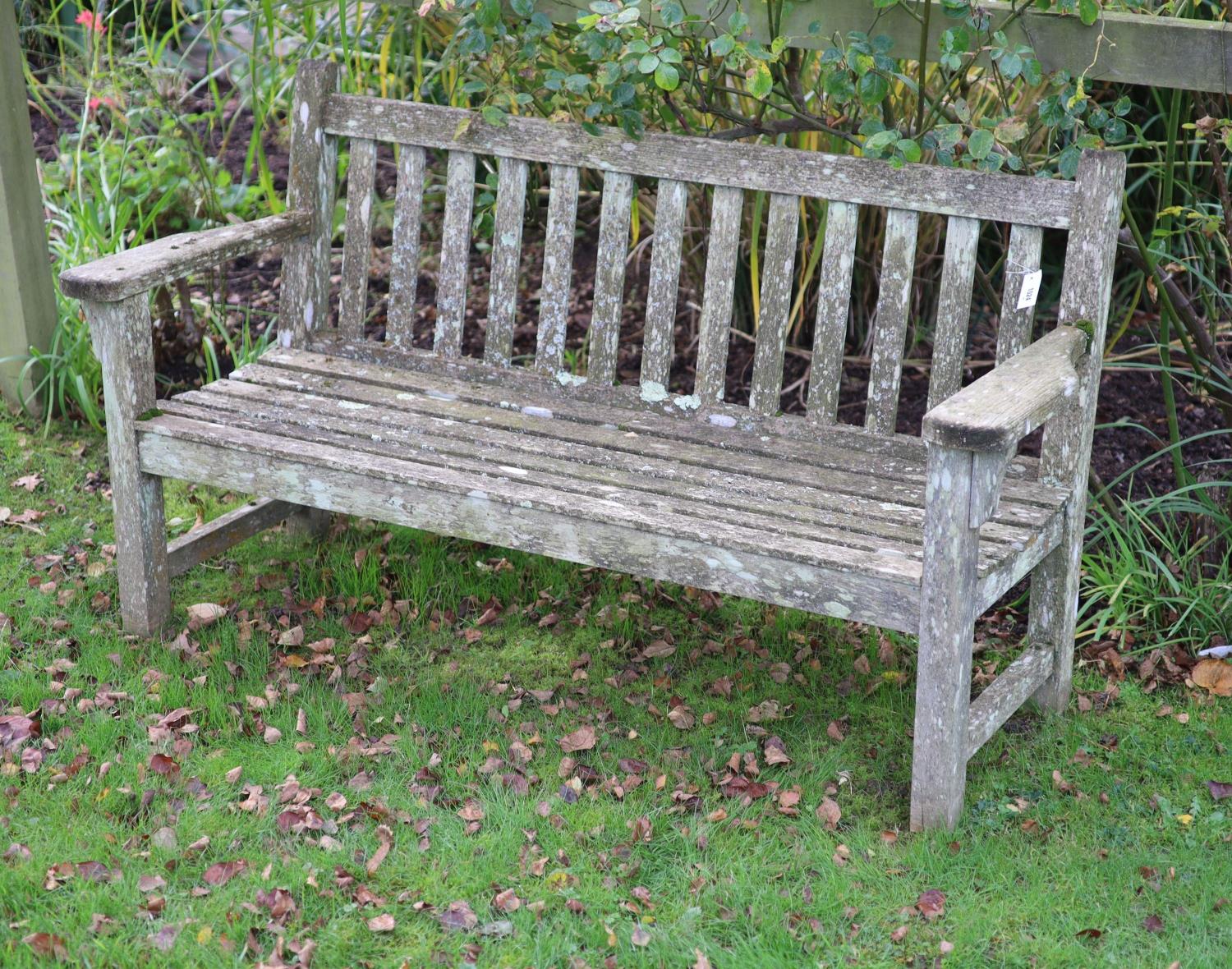 A pair of weathered teak garden benches, width 158cm - Image 3 of 5