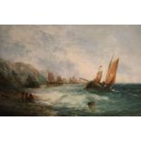 19th century English School, oil on canvas, Fishing boats along the coast, indistinctly signed, 26 x
