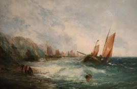 19th century English School, oil on canvas, Fishing boats along the coast, indistinctly signed, 26 x