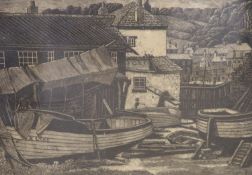 Bernard Sleigh RBSA, wood engraving, 'Mevagissey Boathouse No.19', signed in pencil, 19.5 x 27.5cm