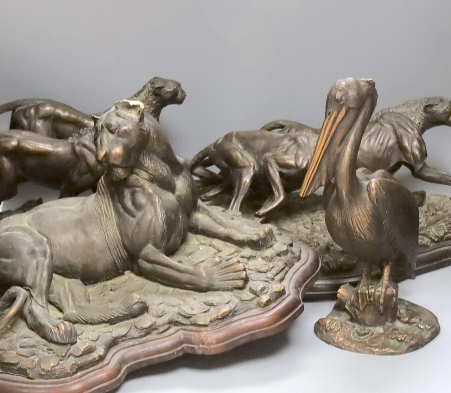 Tim Nicklin, three bronzed resin models of animals, Four cheetahs, 6/10, Pelican, 5/20 and