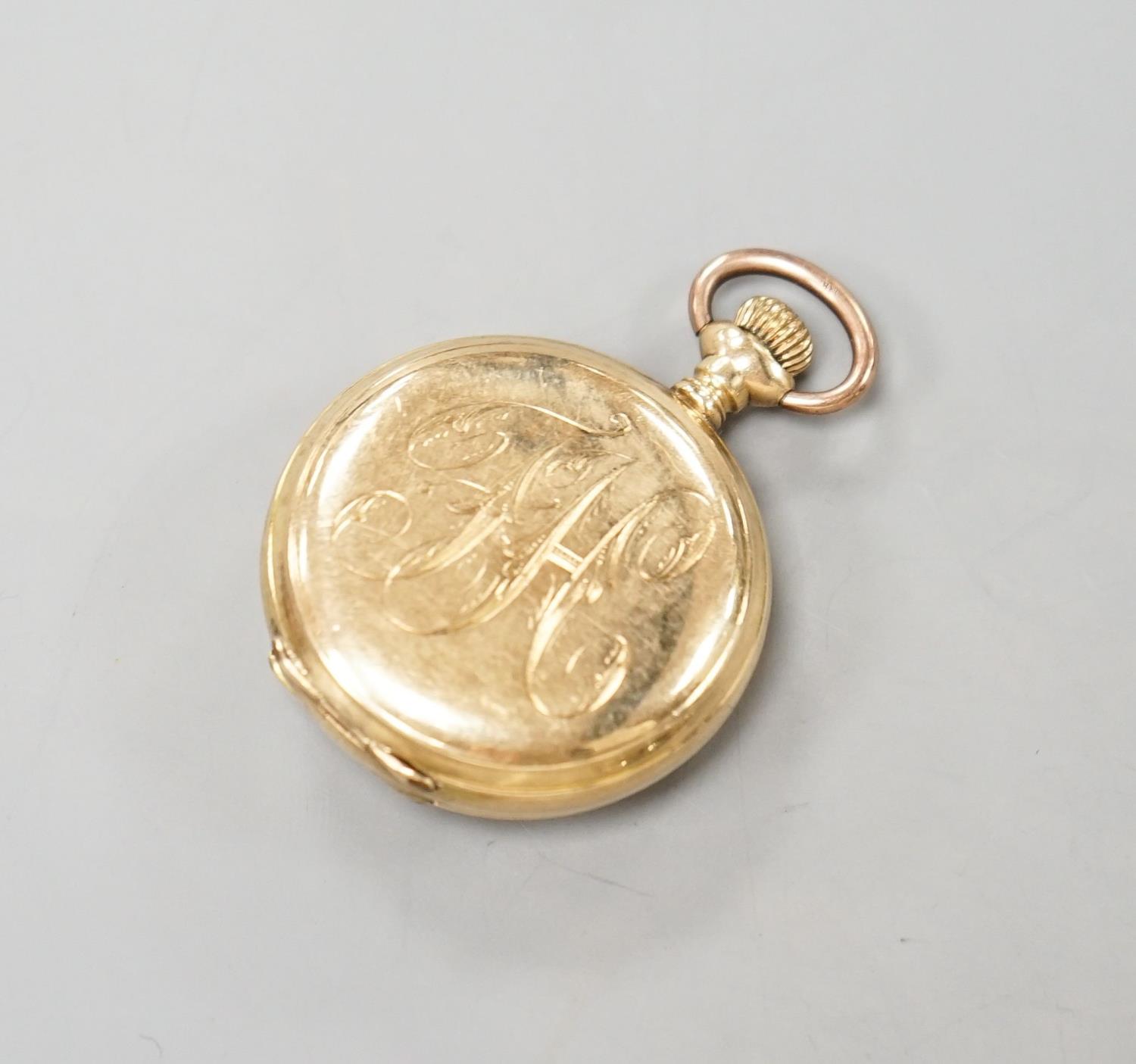 An early 20th century 14kt and rose cut diamond set Waltham hunter keyless fob watch,case diameter - Image 2 of 4